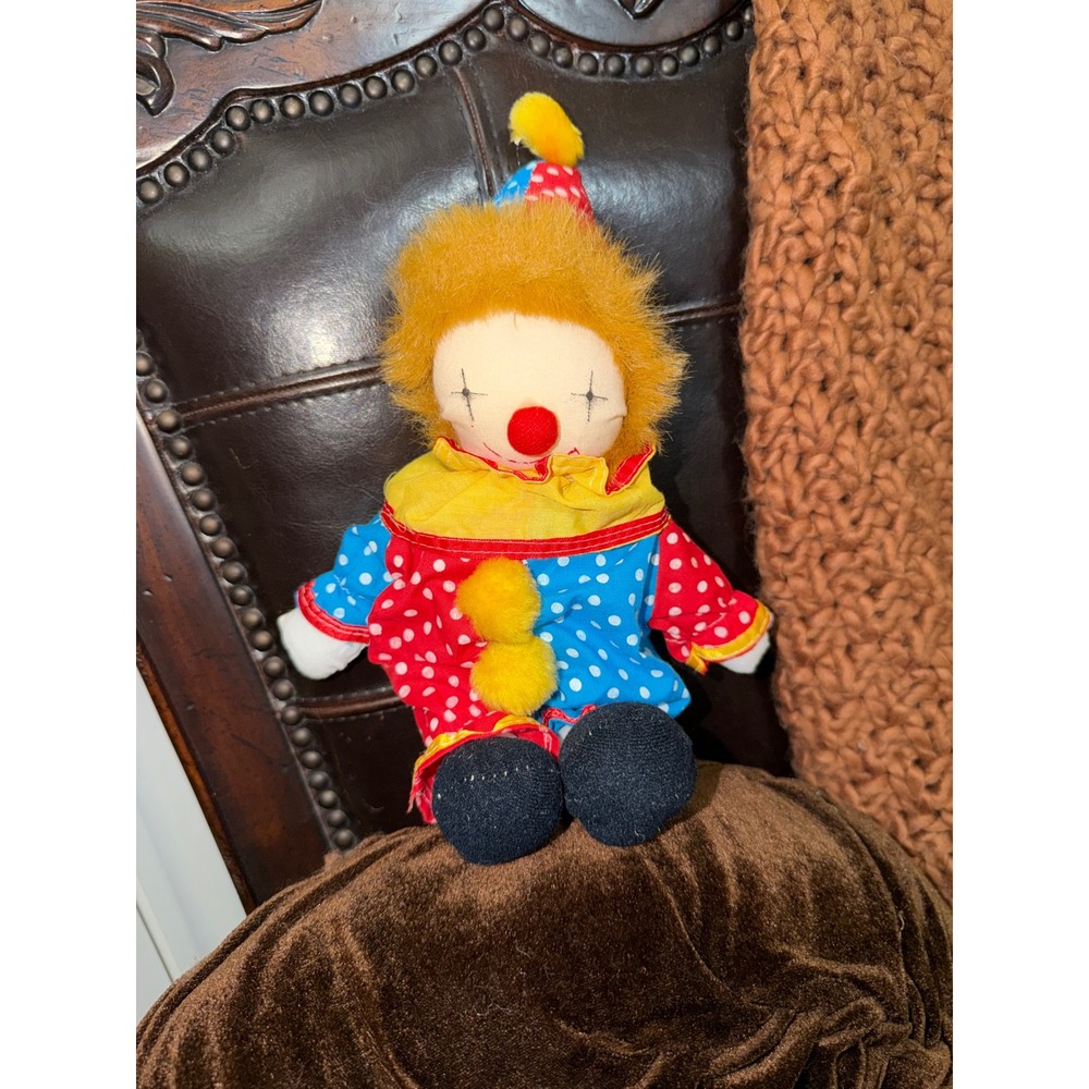 Vintage Plush Clown Doll Polka Dot Circus Stuffed Toy Red Blue Yellow 10 inch